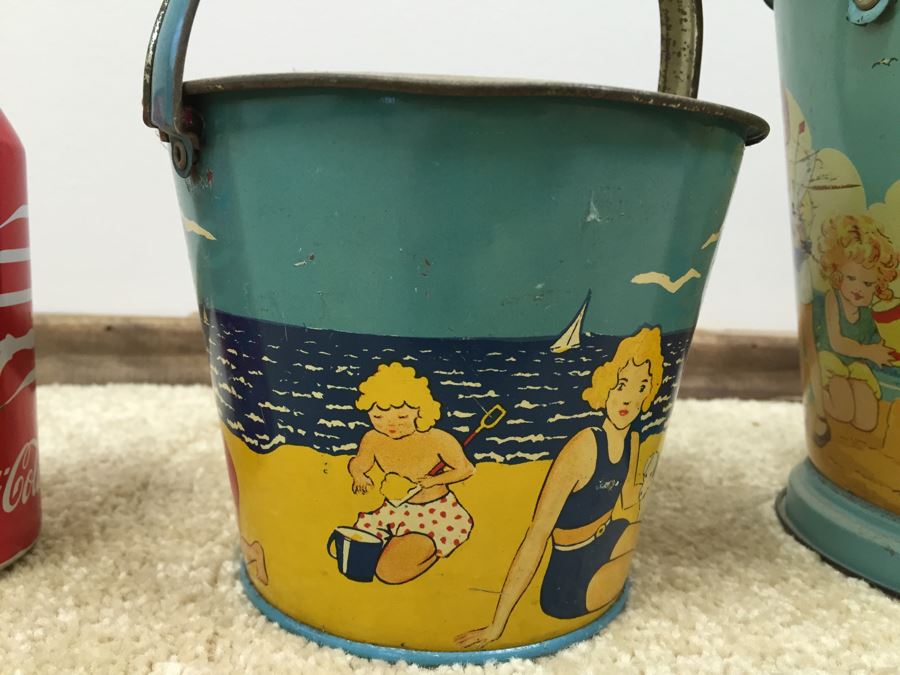 Set Of 3 Tin Litho Beach Sand Pail Bucket British Made [Photo 21]