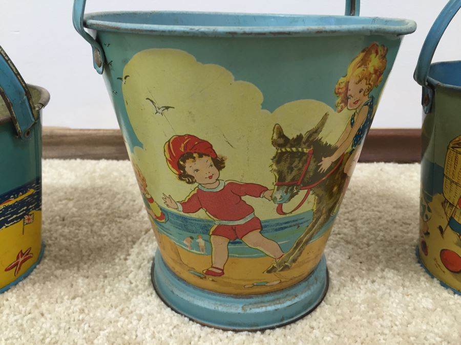 Set Of 3 Tin Litho Beach Sand Pail Bucket British Made [Photo 9]
