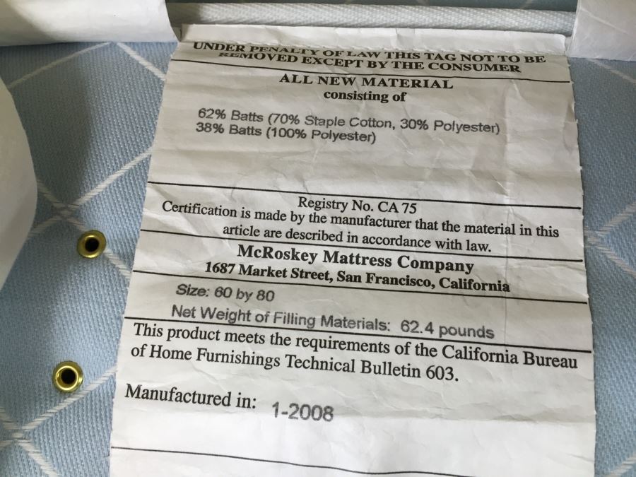 Nice Tufted Seashell Pattern Headboard With Like New McRoskey Mattress 60 x 80 And Bedding - Mattress & Box Spring Retails For $5,000+ [Photo 10]