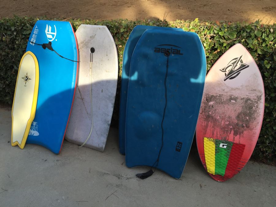 Collection Of Boogie Boards + Skim Board + Santa Barbara Skateboard