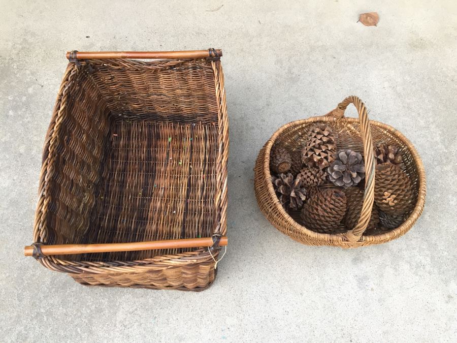 Pair Of Woven Baskets Plus Pine Cone Candles