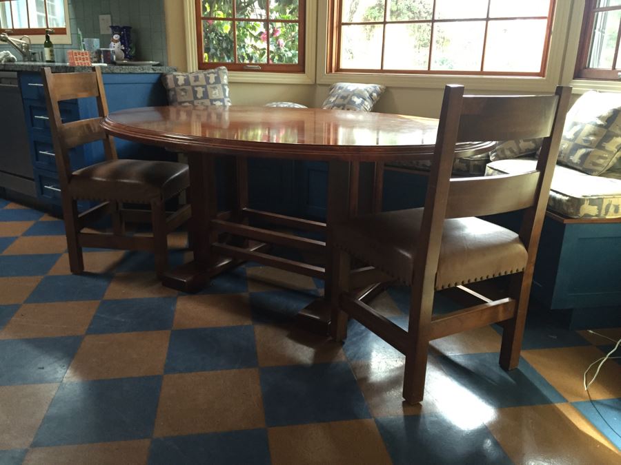 Custom Solid Wood Oval Kitchen Table With Three Leather Seat Chairs [Photo 17]