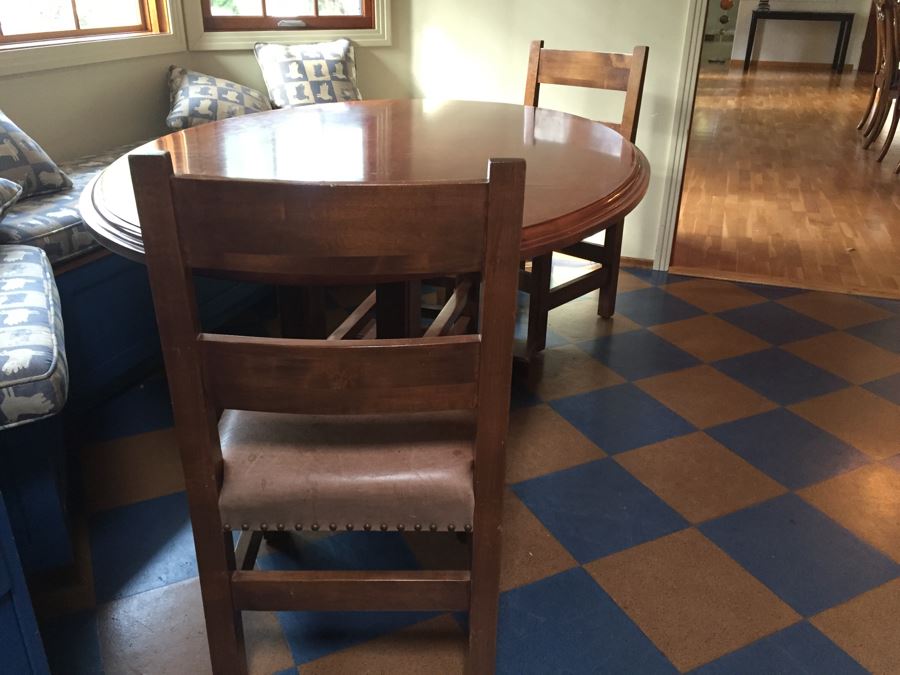 Custom Solid Wood Oval Kitchen Table With Three Leather Seat Chairs [Photo 5]