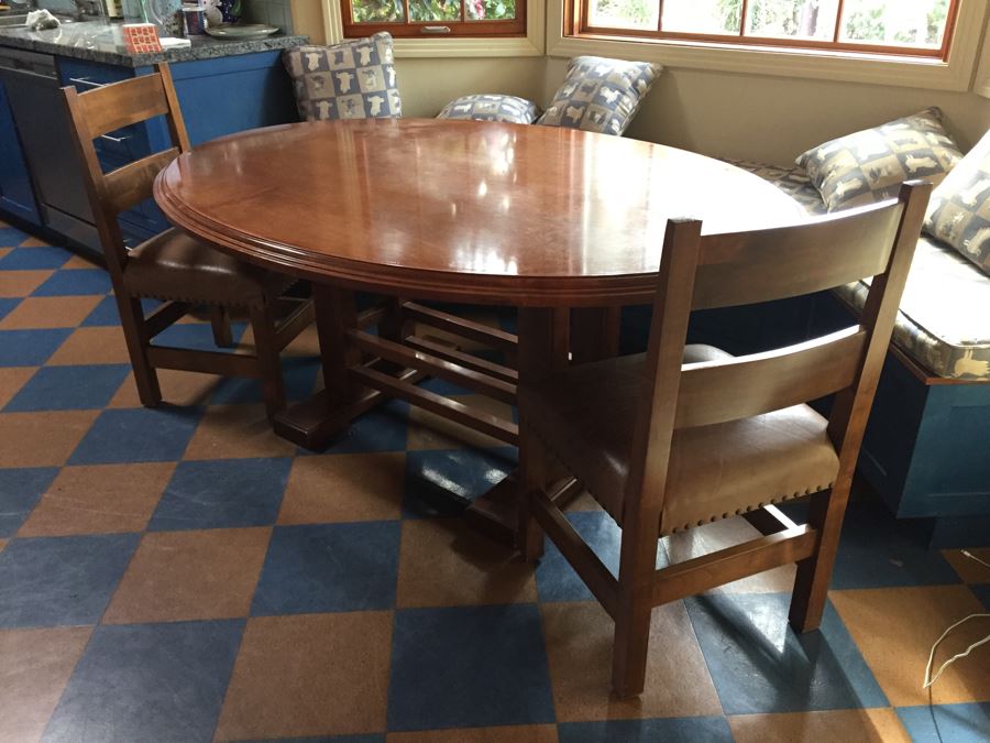 Custom Solid Wood Oval Kitchen Table With Three Leather Seat Chairs [Photo 16]