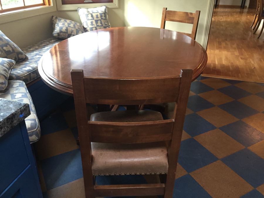 Custom Solid Wood Oval Kitchen Table With Three Leather Seat Chairs [Photo 4]