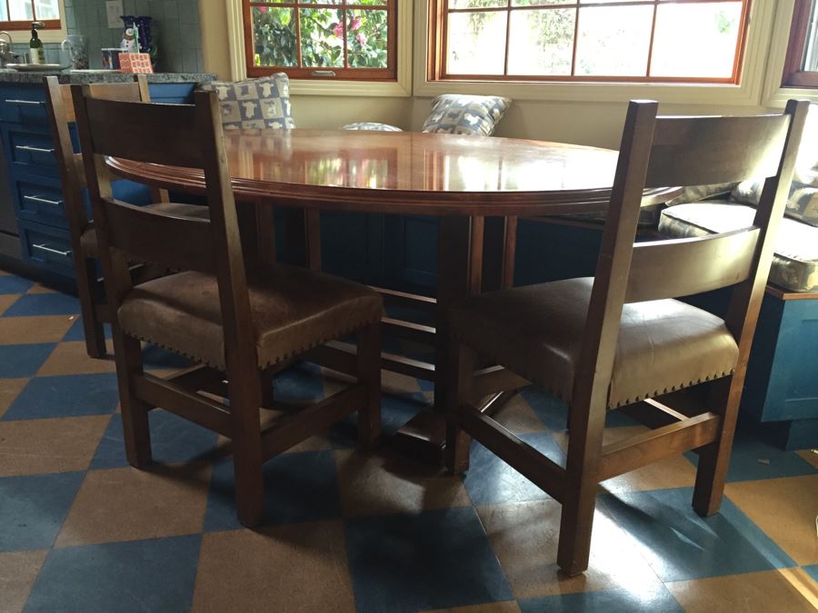 Custom Solid Wood Oval Kitchen Table With Three Leather Seat Chairs [Photo 18]