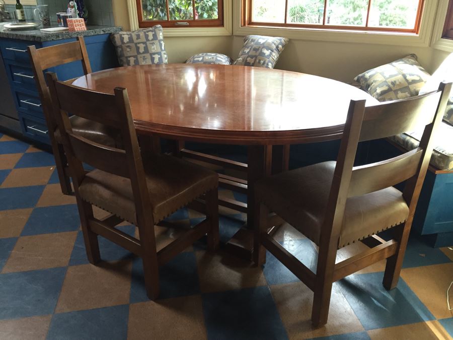 Custom Solid Wood Oval Kitchen Table With Three Leather Seat Chairs