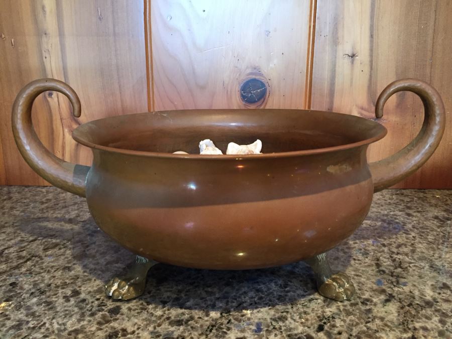 Home Decor Lot With Nice Copper Footed Bowl Filled With Shells, Abalone Shell, Copper Plate And Wooden Bowl [Photo 2]