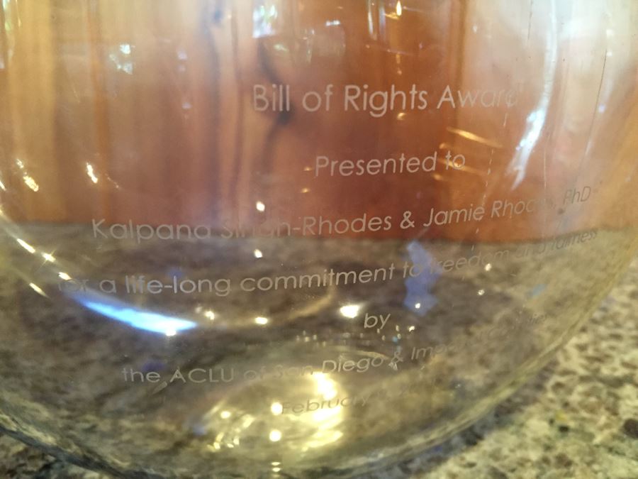 ACLU Glass Vase Bill Of Rights Award Presented To Kalpana & Jamie Rhodes February 9, 2011 [Photo 3]