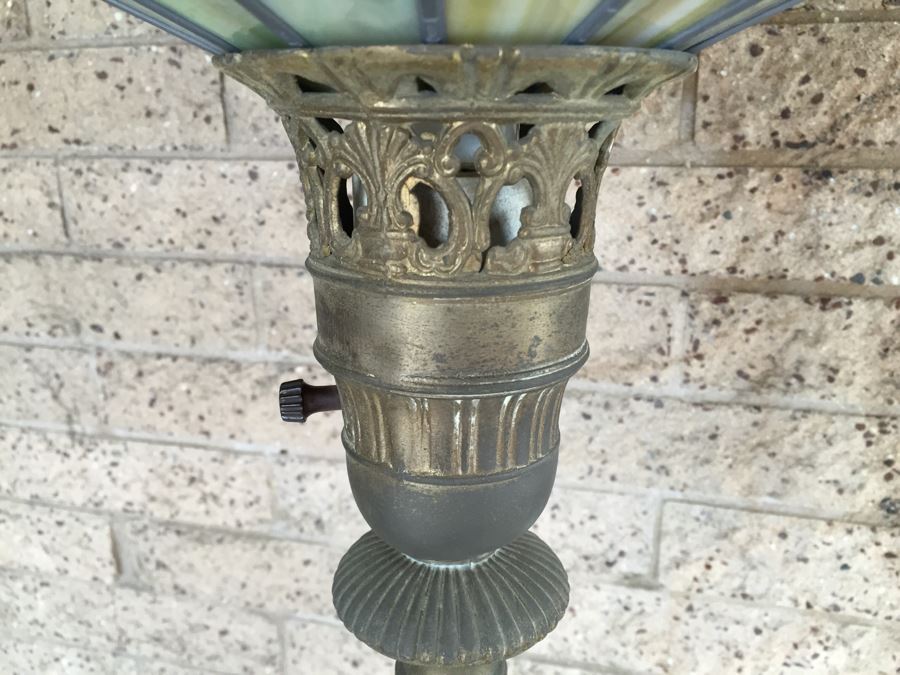Stunning Vintage Stained Glass Shade Floor Lamp With Metal And Polished Stone [Photo 11]