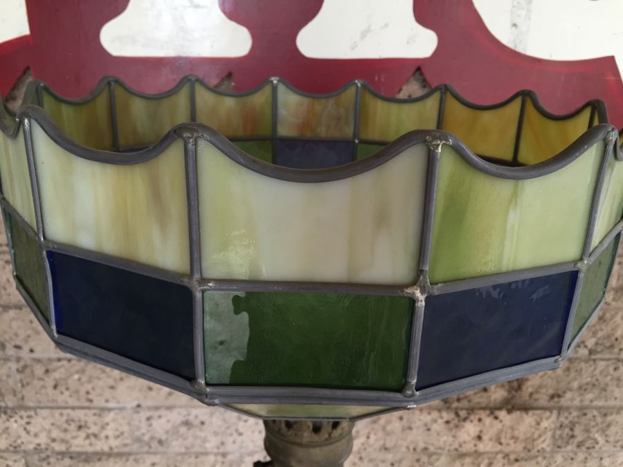 Stunning Vintage Stained Glass Shade Floor Lamp With Metal And Polished Stone [Photo 9]