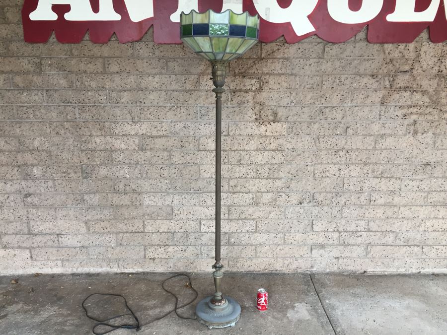 Stunning Vintage Stained Glass Shade Floor Lamp With Metal And Polished Stone [Photo 7]