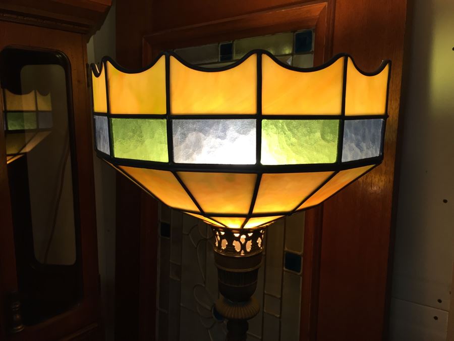 Stunning Vintage Stained Glass Shade Floor Lamp With Metal And Polished Stone [Photo 4]