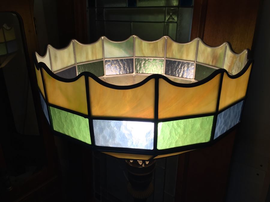 Stunning Vintage Stained Glass Shade Floor Lamp With Metal And Polished Stone [Photo 5]