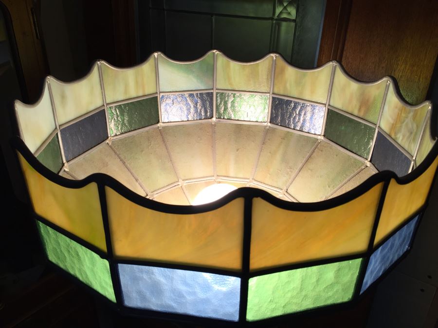 Stunning Vintage Stained Glass Shade Floor Lamp With Metal And Polished Stone [Photo 6]