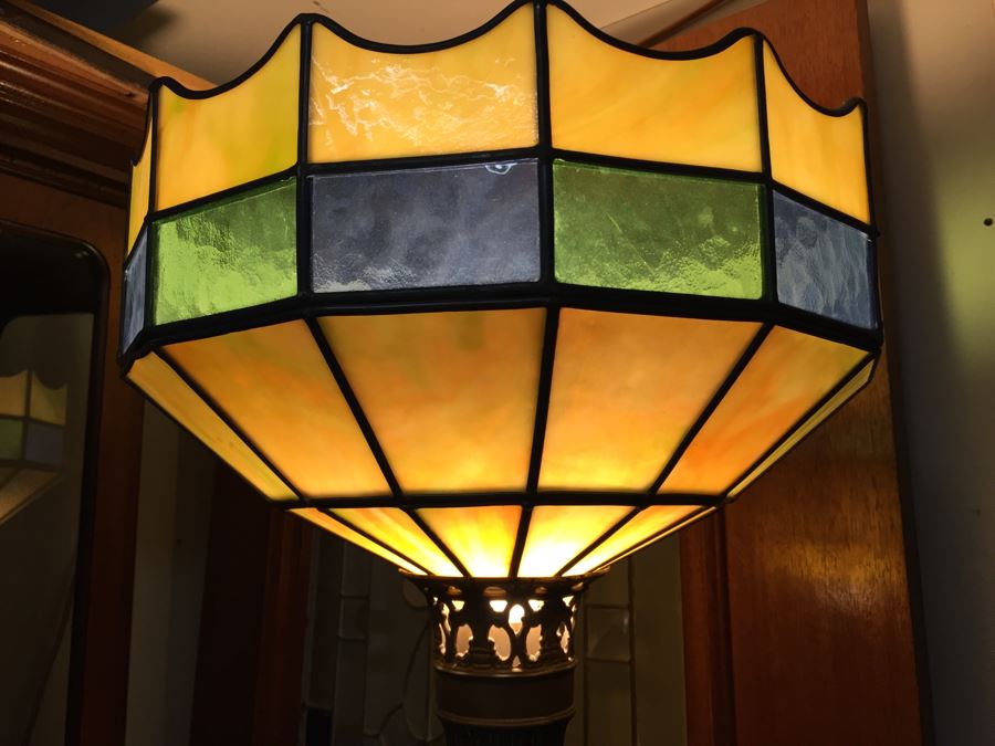Stunning Vintage Stained Glass Shade Floor Lamp With Metal And Polished Stone [Photo 2]