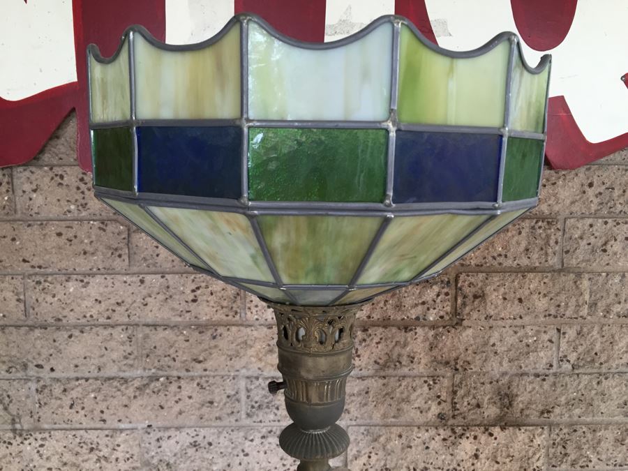 Stunning Vintage Stained Glass Shade Floor Lamp With Metal And Polished Stone [Photo 8]