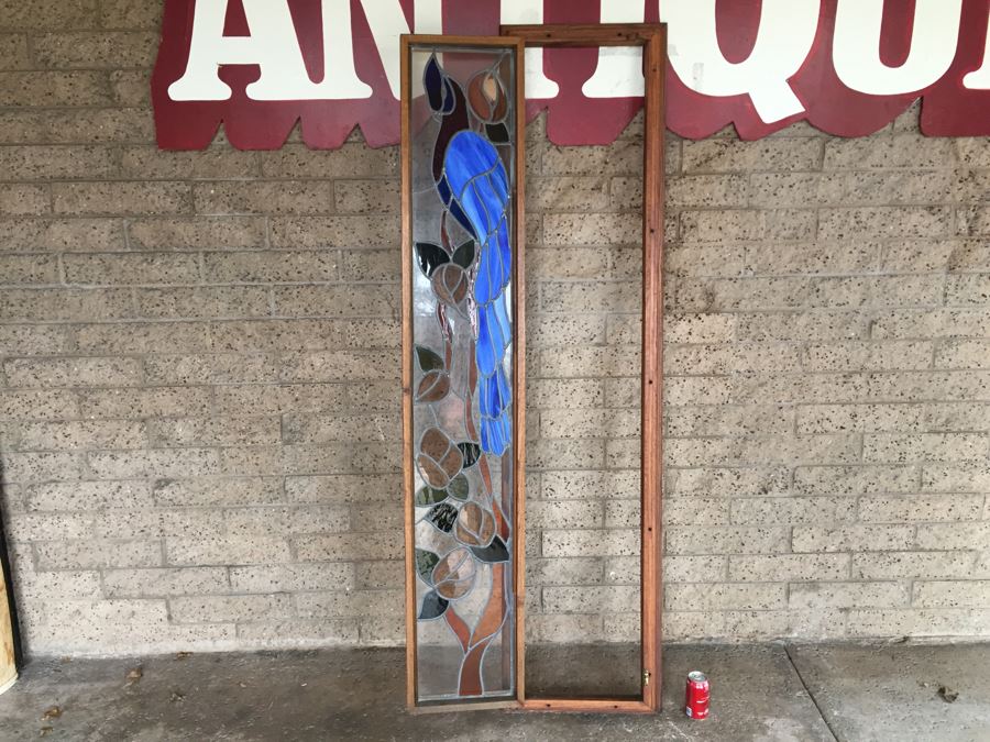 Large Stained Glass Hinged Window With Wooden Frame Peacock Motif [Photo 9]