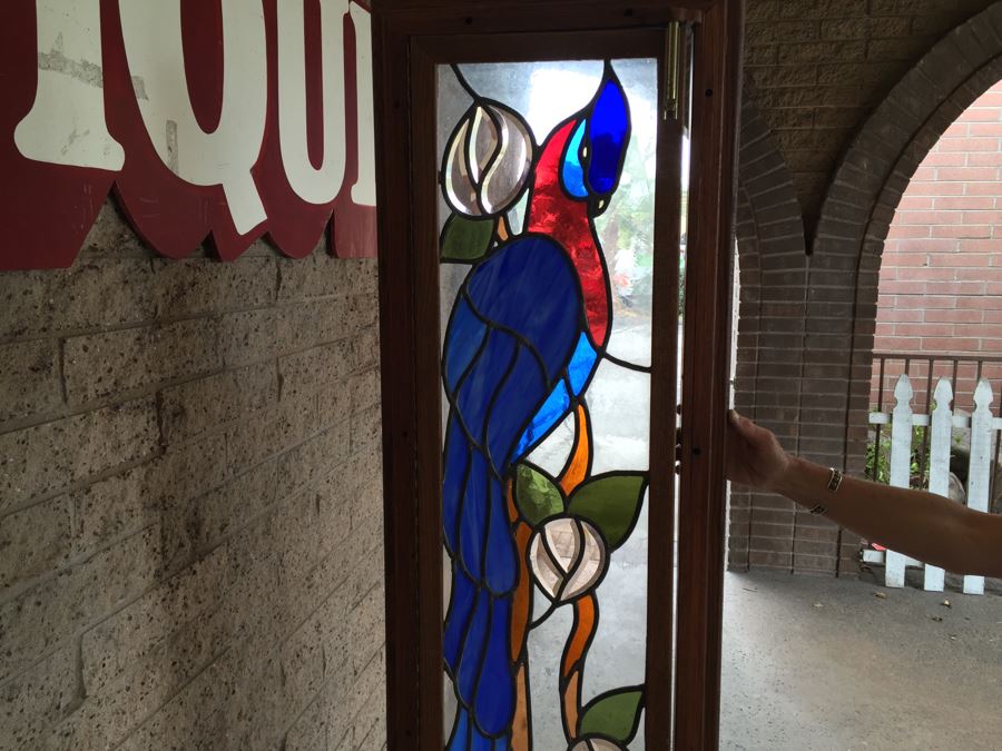 Large Stained Glass Hinged Window With Wooden Frame Peacock Motif [Photo 3]