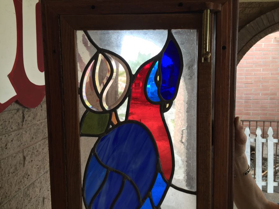 Large Stained Glass Hinged Window With Wooden Frame Peacock Motif [Photo 13]