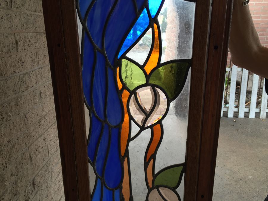 Large Stained Glass Hinged Window With Wooden Frame Peacock Motif [Photo 14]