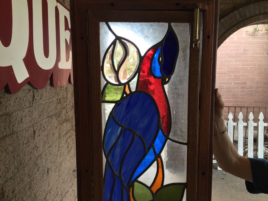 Large Stained Glass Hinged Window With Wooden Frame Peacock Motif [Photo 1]