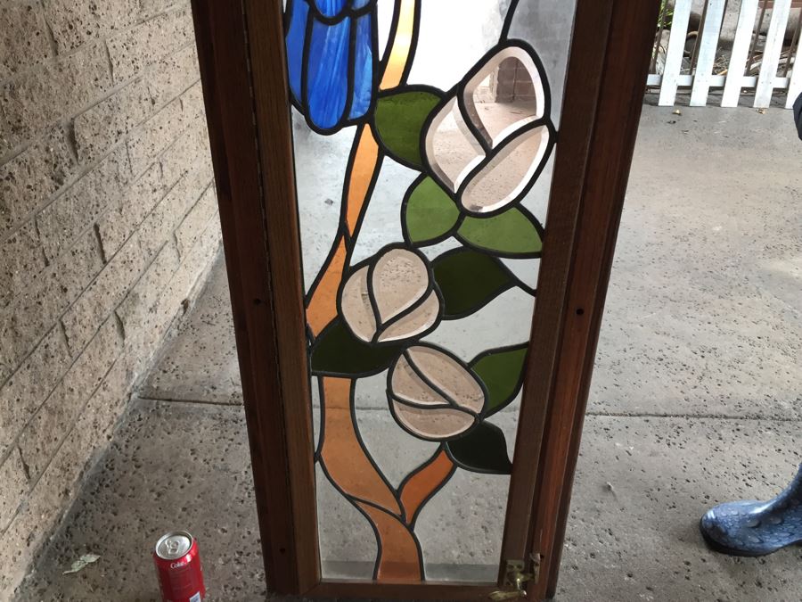 Large Stained Glass Hinged Window With Wooden Frame Peacock Motif [Photo 15]