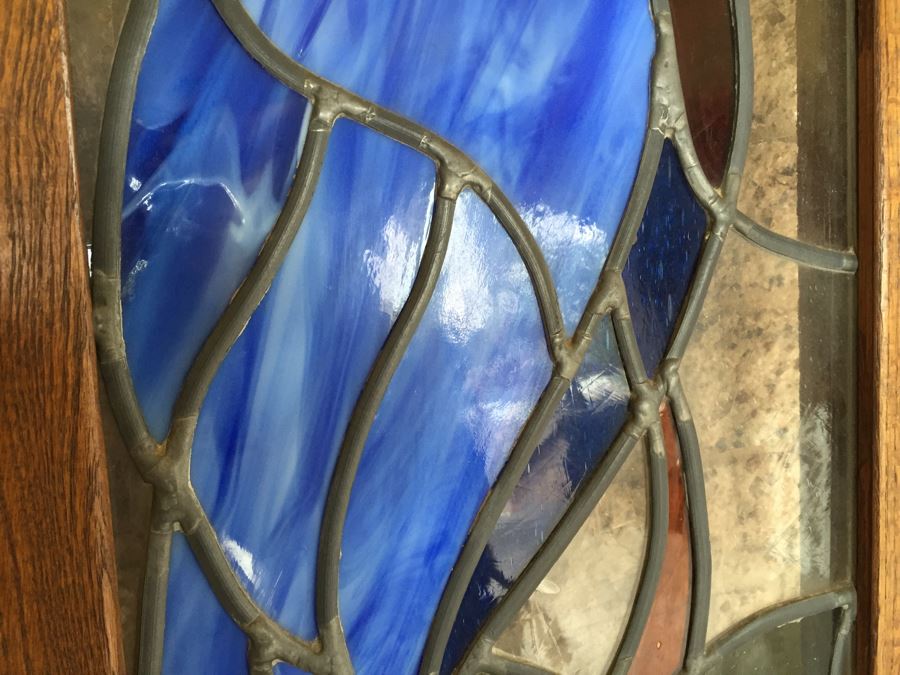 Large Stained Glass Hinged Window With Wooden Frame Peacock Motif [Photo 7]