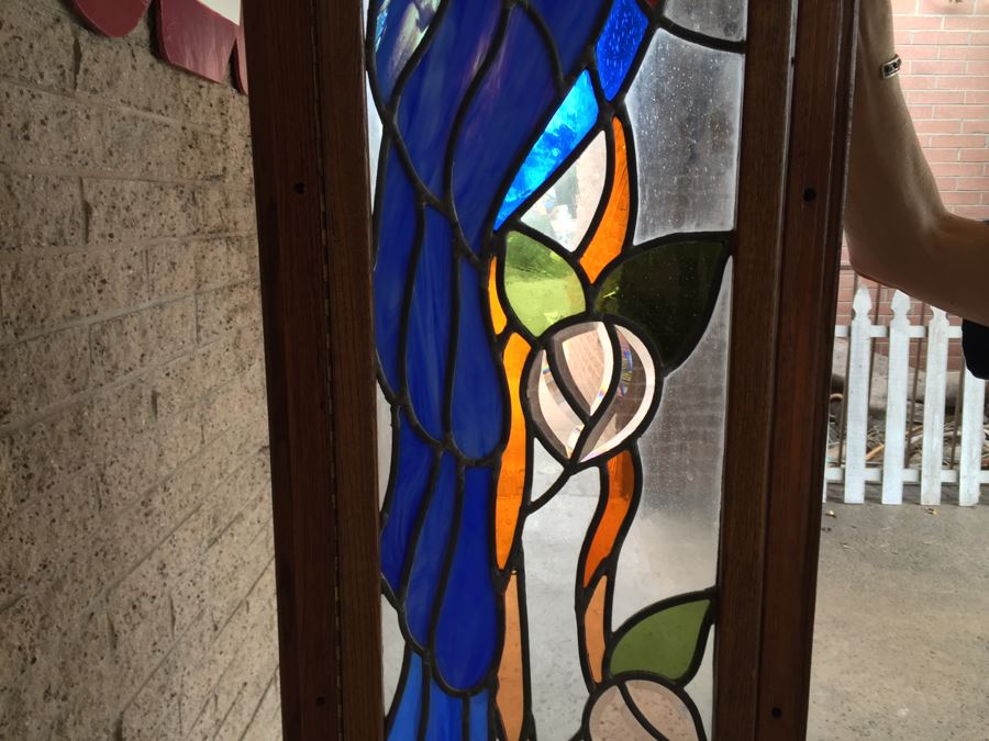 Large Stained Glass Hinged Window With Wooden Frame Peacock Motif [Photo 17]