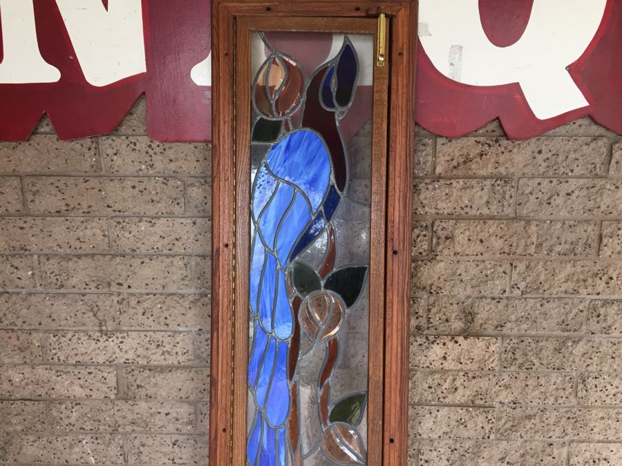 Large Stained Glass Hinged Window With Wooden Frame Peacock Motif [Photo 5]