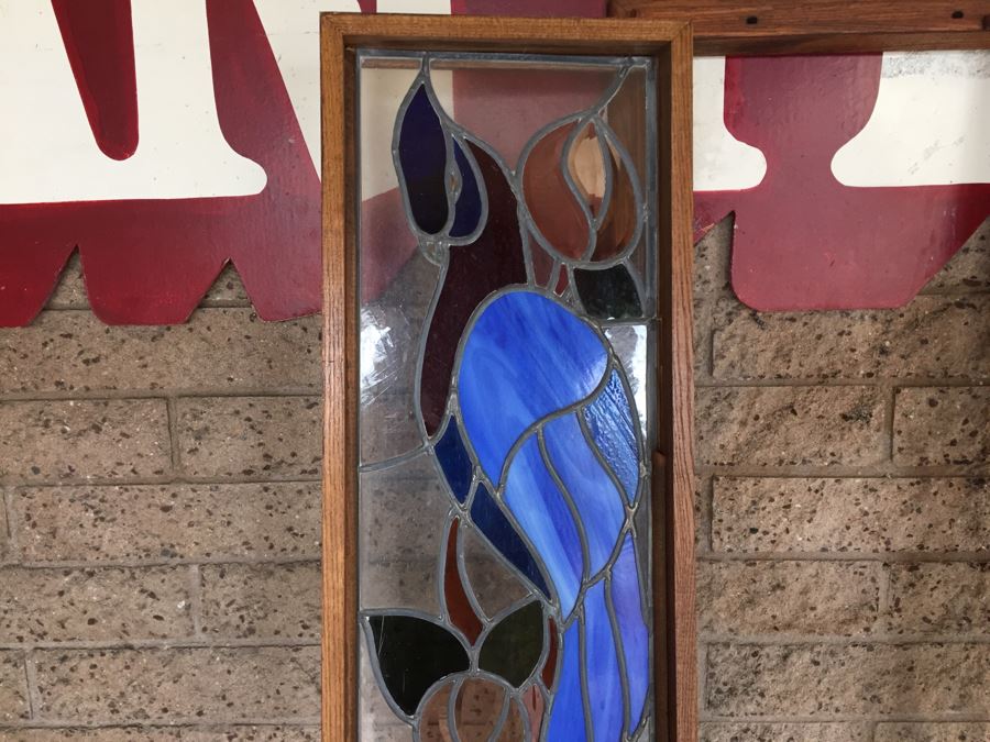 Large Stained Glass Hinged Window With Wooden Frame Peacock Motif [Photo 10]