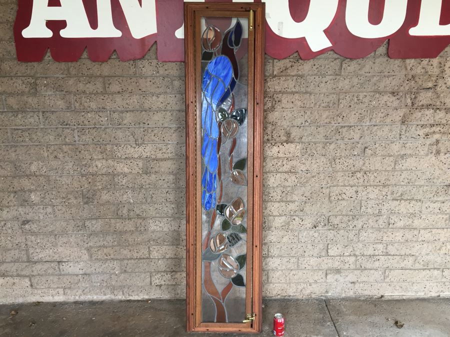 Large Stained Glass Hinged Window With Wooden Frame Peacock Motif [Photo 2]
