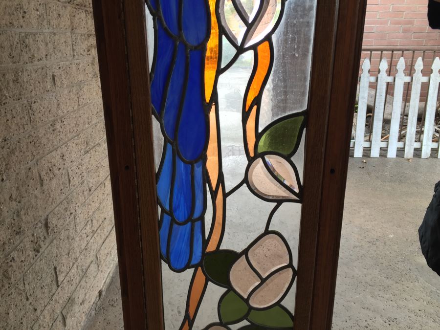 Large Stained Glass Hinged Window With Wooden Frame Peacock Motif [Photo 16]