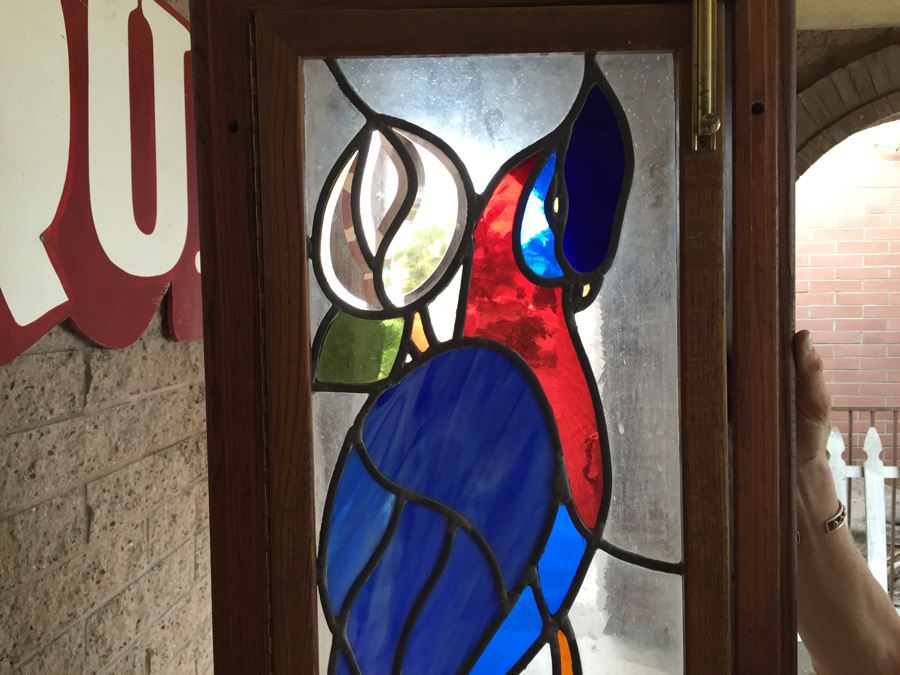 Large Stained Glass Hinged Window With Wooden Frame Peacock Motif [Photo 18]