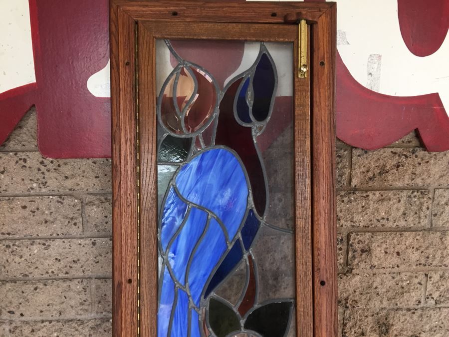 Large Stained Glass Hinged Window With Wooden Frame Peacock Motif [Photo 4]