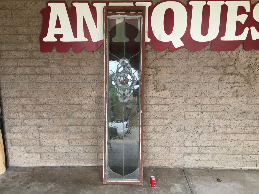 Large Stained Glass Window With Wooden Frame Rose Motif [Photo 5]