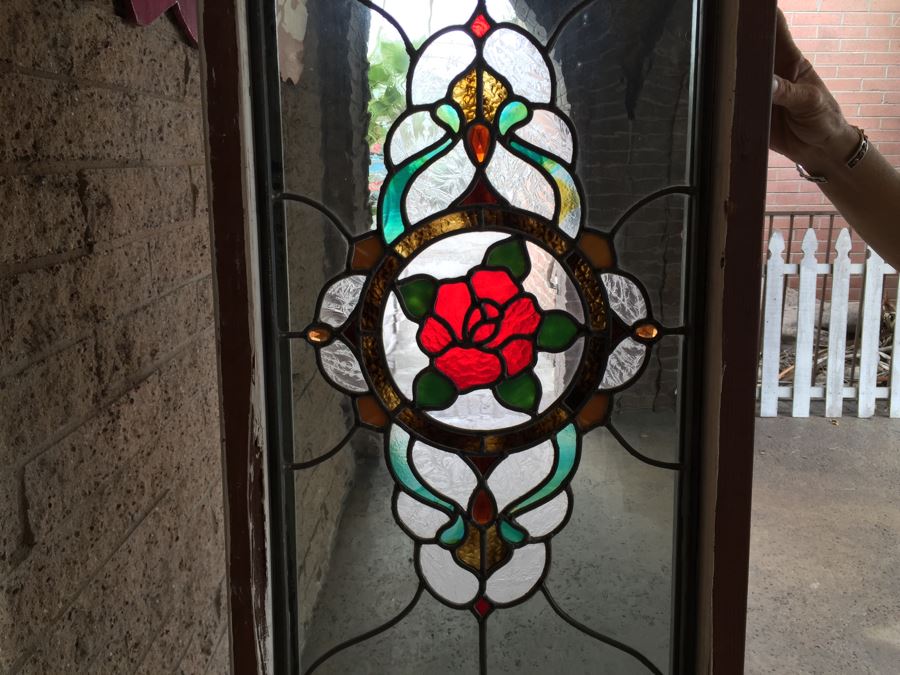 Large Stained Glass Window With Wooden Frame Rose Motif [Photo 7]
