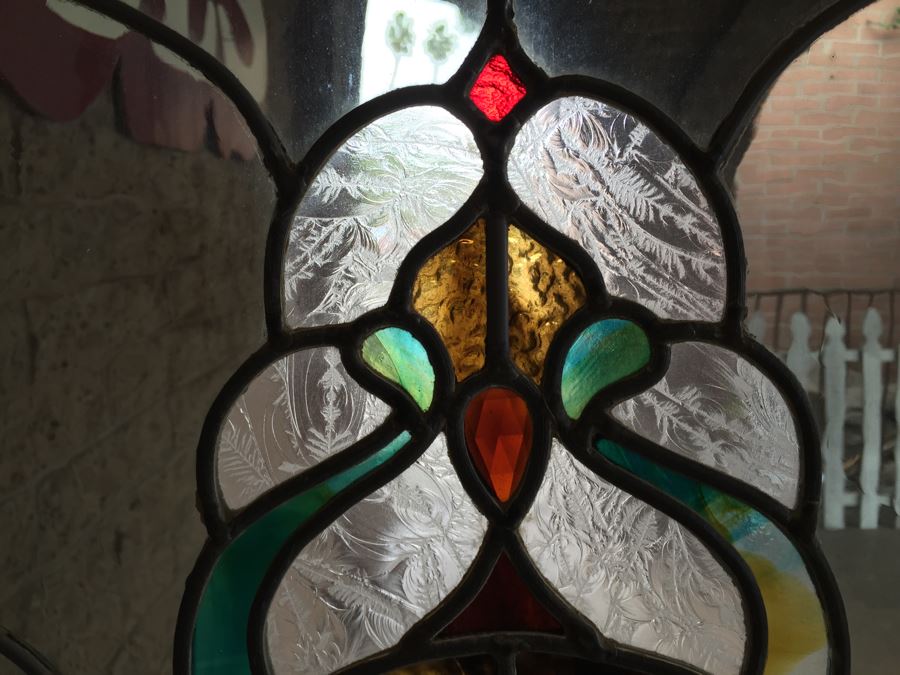 Large Stained Glass Window With Wooden Frame Rose Motif [Photo 10]