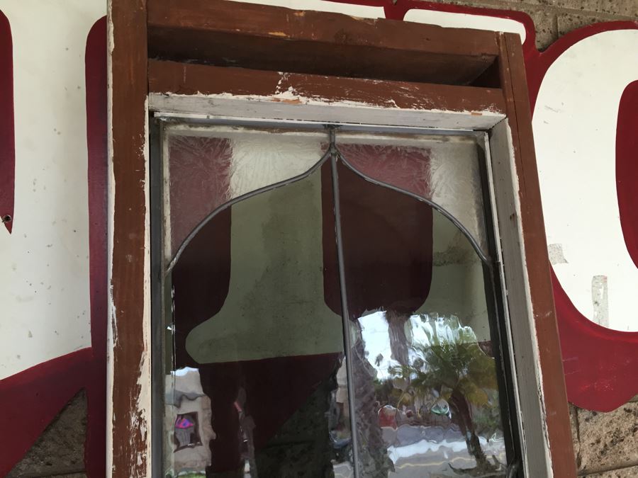 Large Stained Glass Window With Wooden Frame Rose Motif [Photo 4]