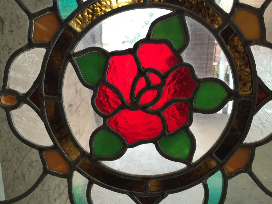 Large Stained Glass Window With Wooden Frame Rose Motif [Photo 11]