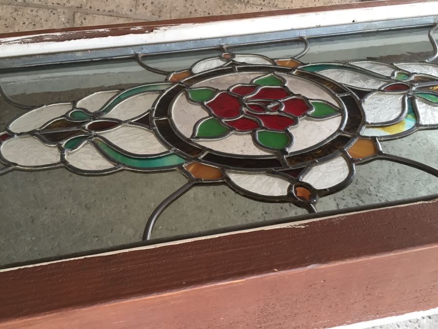 Large Stained Glass Window With Wooden Frame Rose Motif [Photo 16]