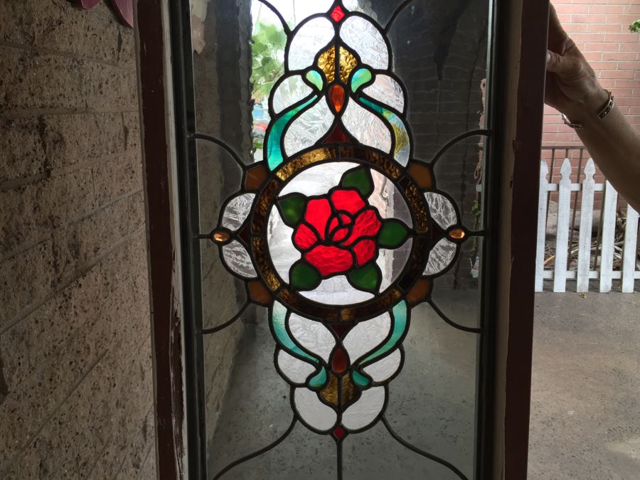 Large Stained Glass Window With Wooden Frame Rose Motif [Photo 9]