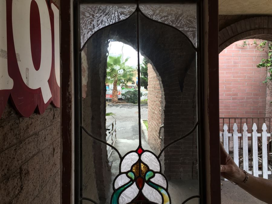 Large Stained Glass Window With Wooden Frame Rose Motif [Photo 3]