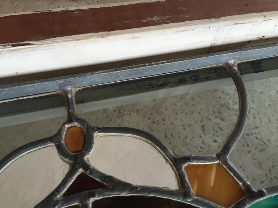 Large Stained Glass Window With Wooden Frame Rose Motif [Photo 14]