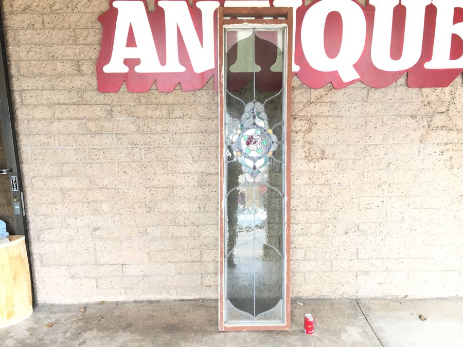 Large Stained Glass Window With Wooden Frame Rose Motif [Photo 2]