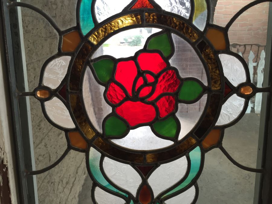 Large Stained Glass Window With Wooden Frame Rose Motif [Photo 12]