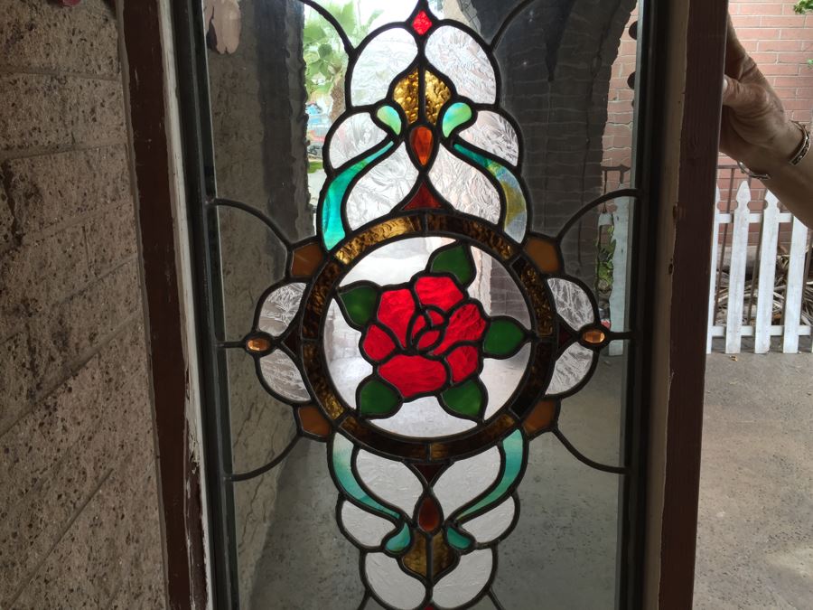 Large Stained Glass Window With Wooden Frame Rose Motif