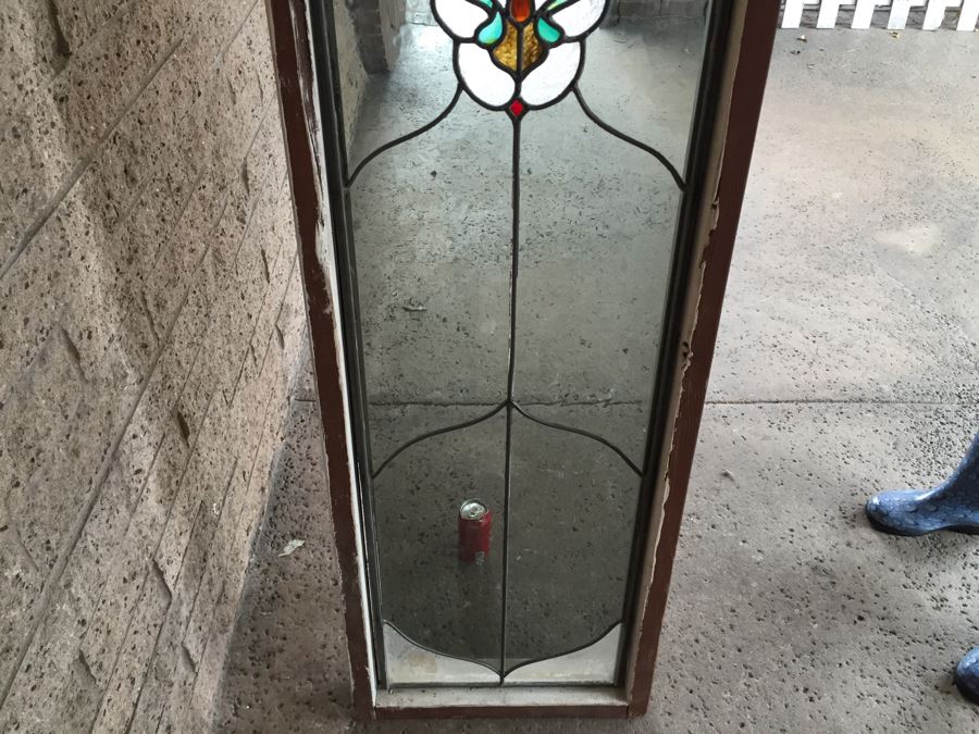 Large Stained Glass Window With Wooden Frame Rose Motif [Photo 8]