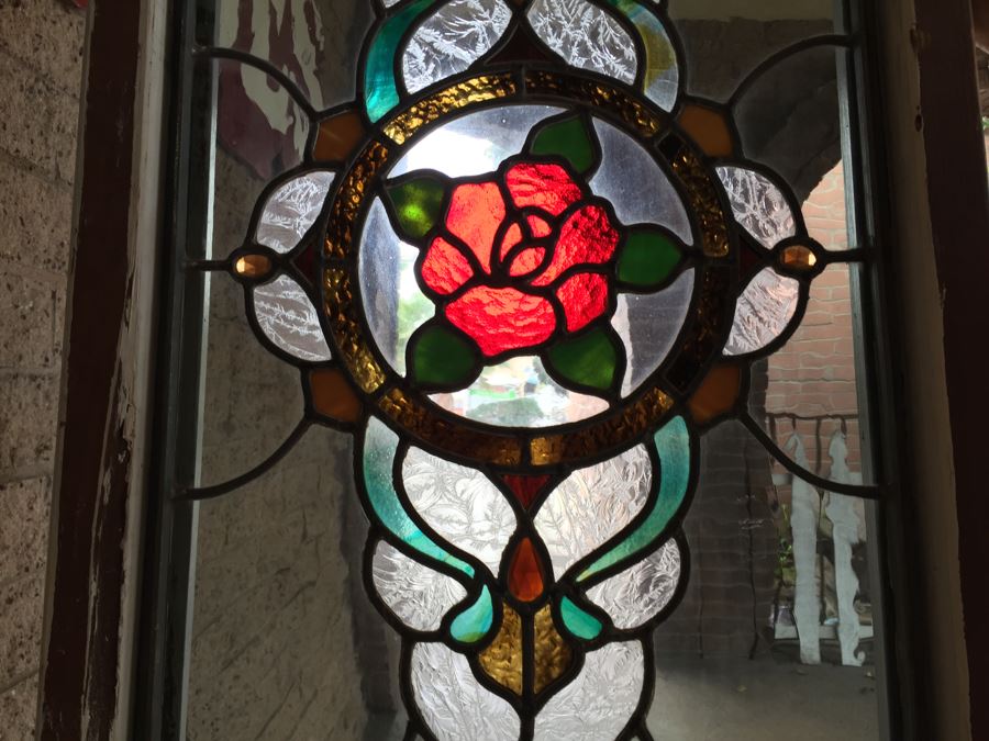 Large Stained Glass Window With Wooden Frame Rose Motif [Photo 13]