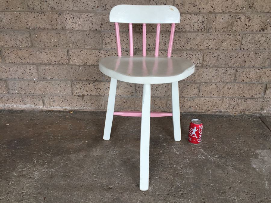 Mid-Century White And Pink Child's Wooden Chair